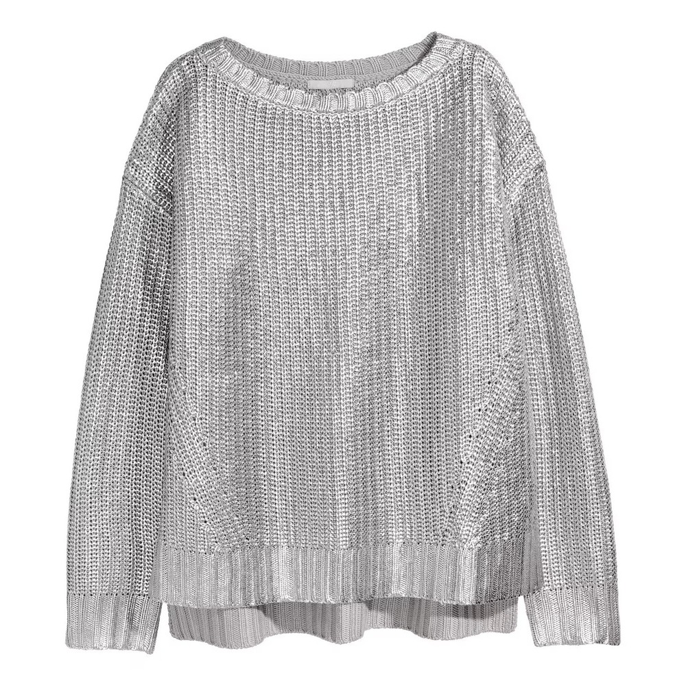 H&M L.O.G.G. Metallic Foil Knit Sweater Crewneck Long Sleeve Silver Medium
